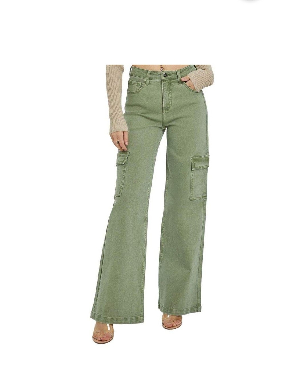Risen High-Rise Olive Green Cargo Wide-Leg Jeans